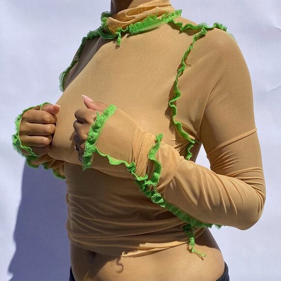Medium New Mesh Tan Green Long Sleeve Crop Sheer Top Stitch Trim High Neck Y2K - Picture 1 of 9